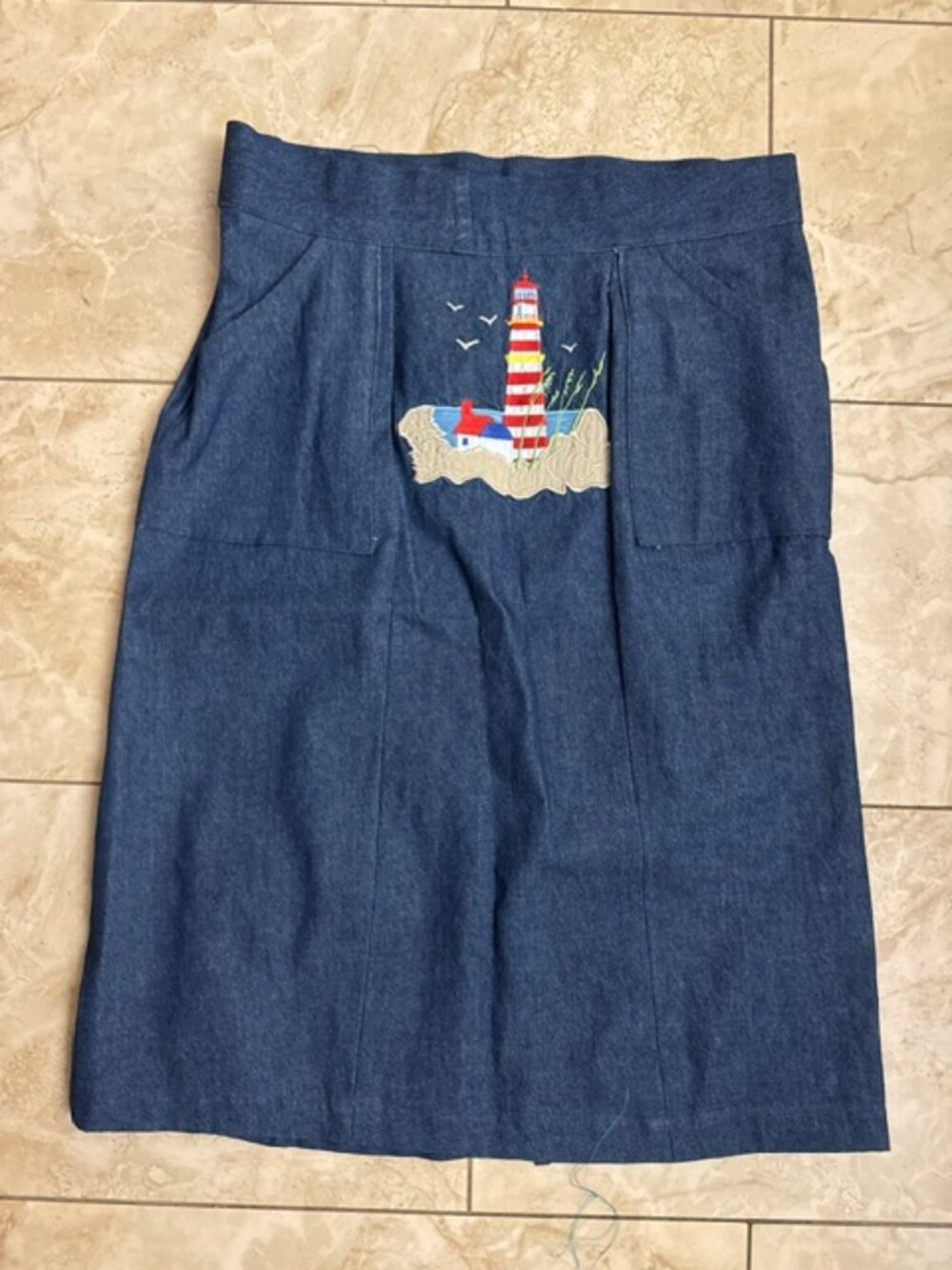 Blue Denim 2 Slit Back Opening LightHouse Embroidery Contemporary Skirt